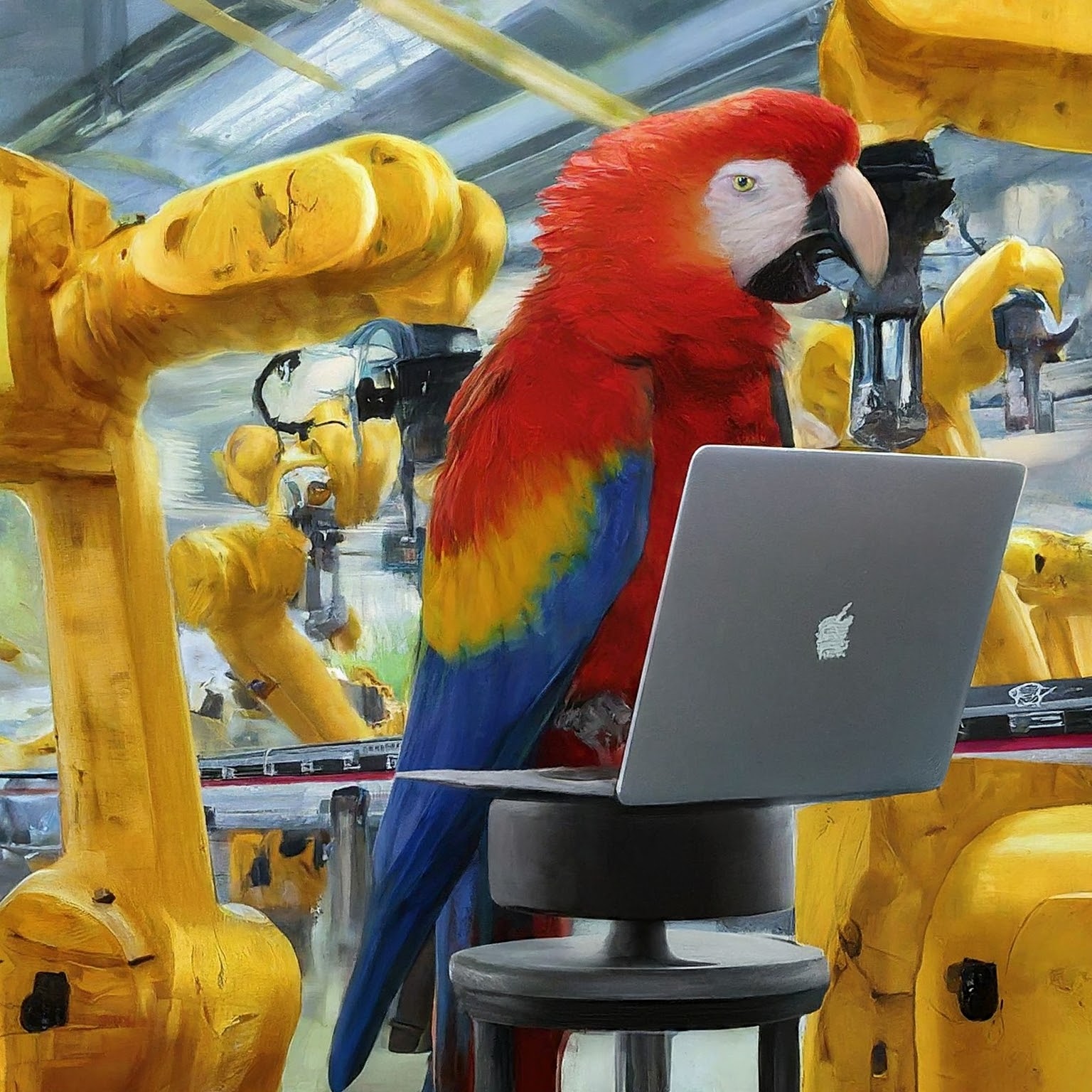 A parrot working on a computer with robotic arm