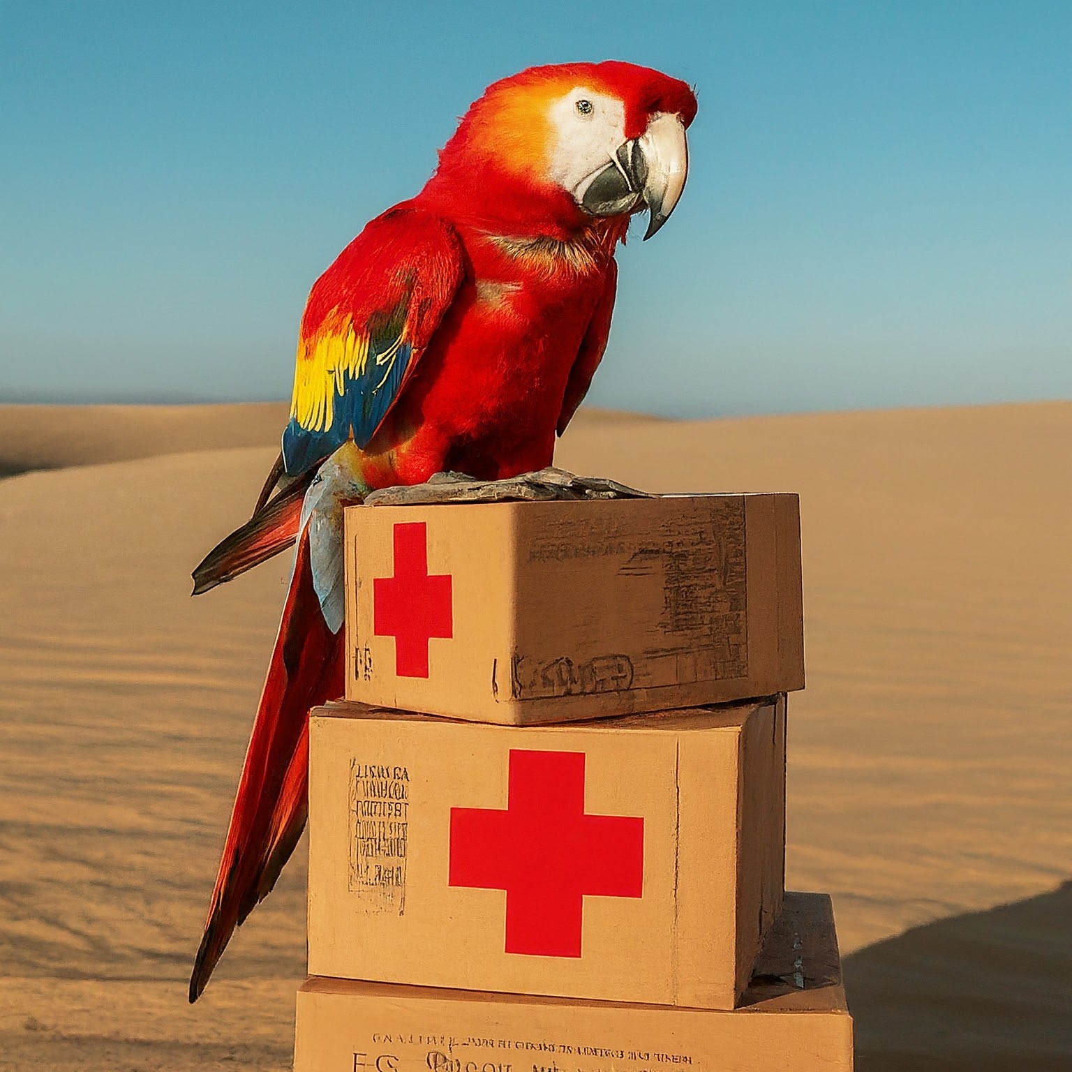 Red Guacamaya on red cross aid boxes