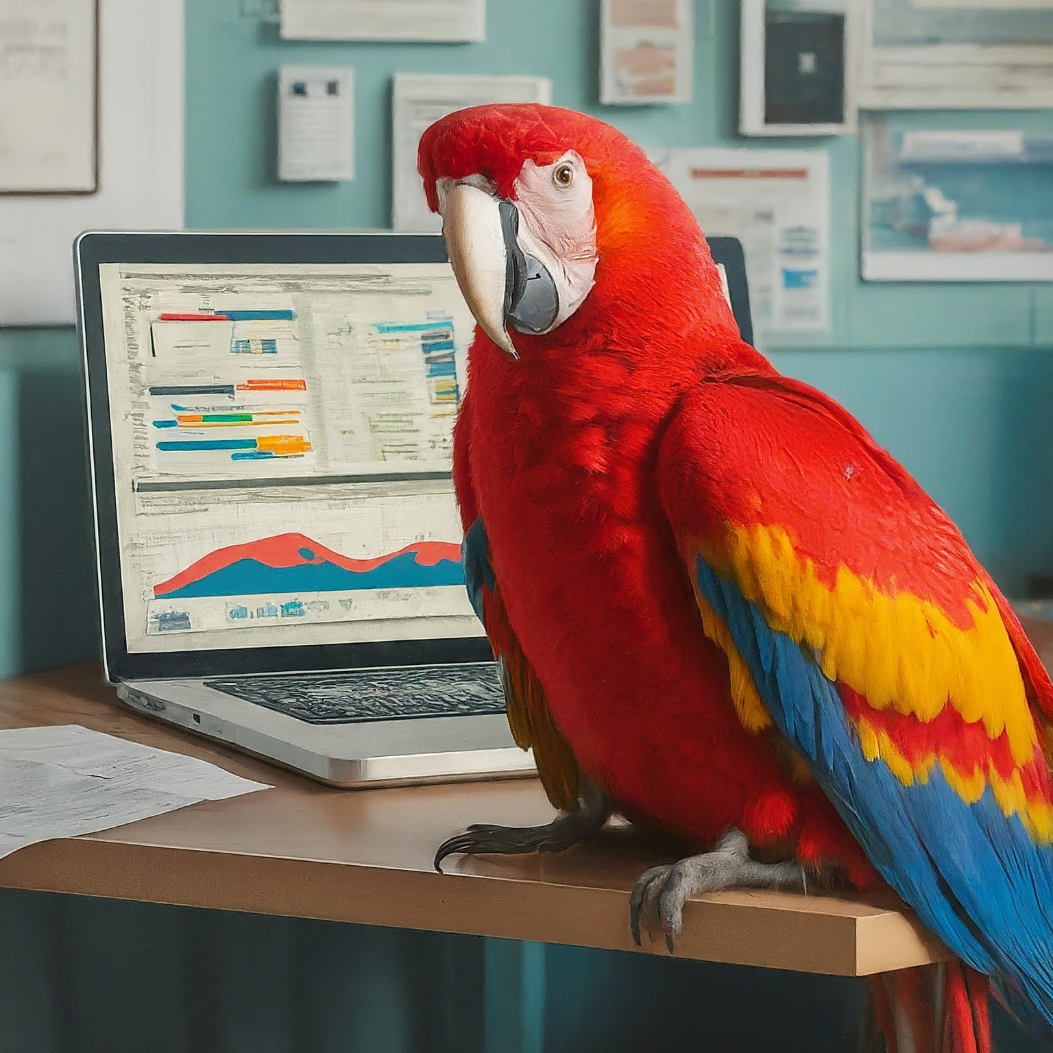 Red parrot doing Data Science work
